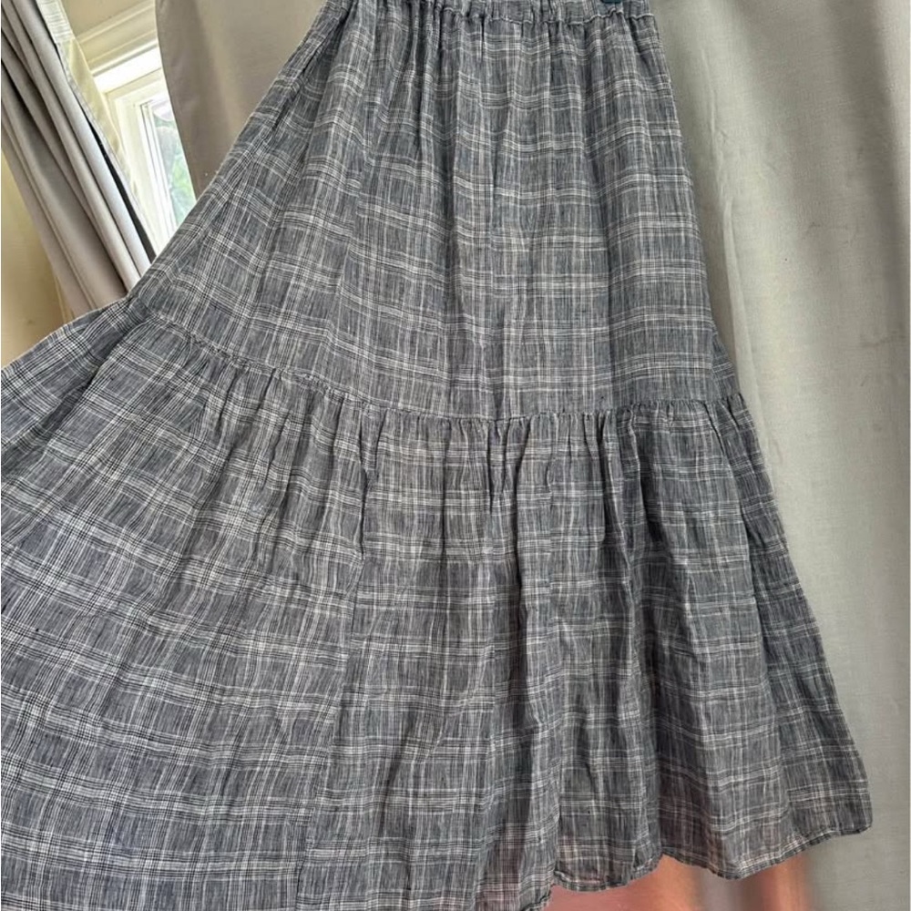 CP Shades 100% linen skirt plaid checkered blue white ruffle tiered flair